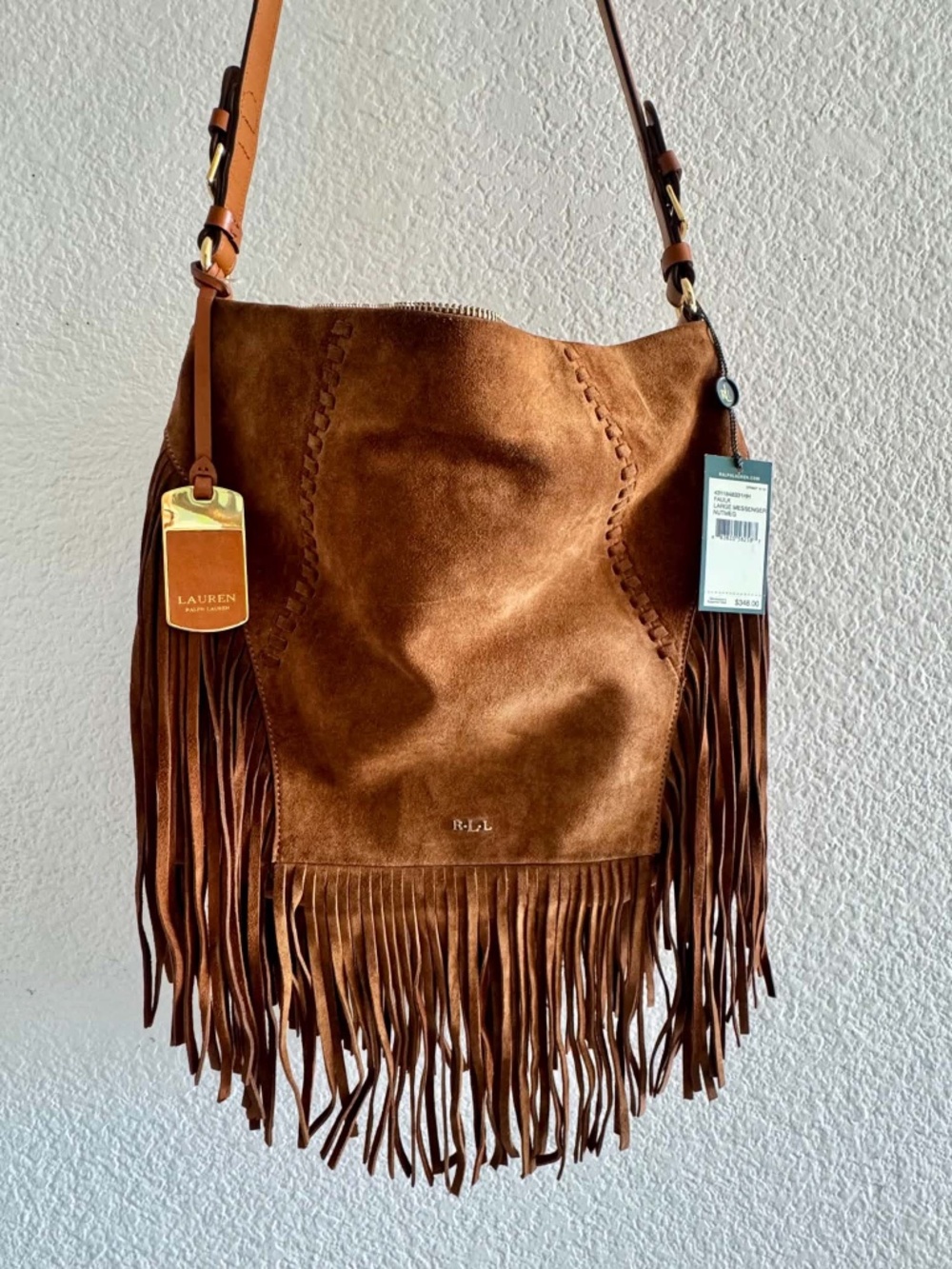 NWT Ralph Lauren Faulk Large Nutmeg Suede Fringe Messenger Bag